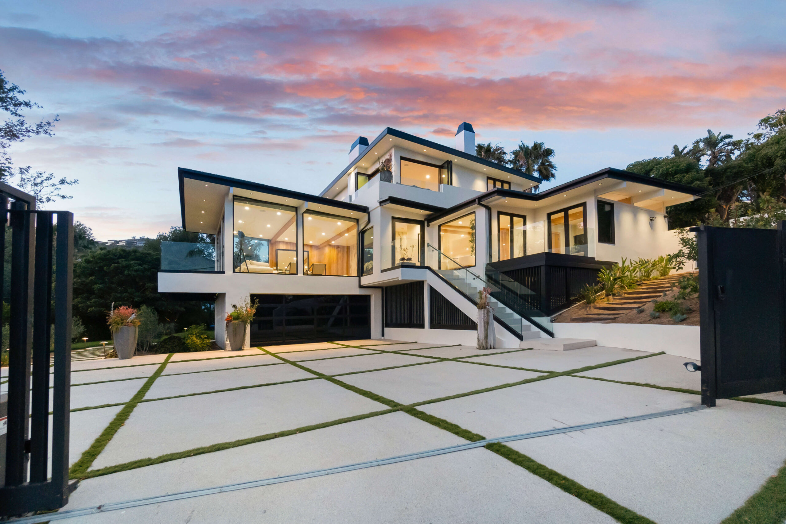 Dusk exterior at Coastal Estate Malibu luxury villa