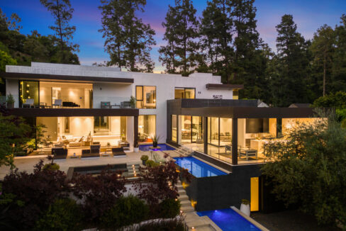 Night exterior at Crest Manor Beverly Hills luxury villa
