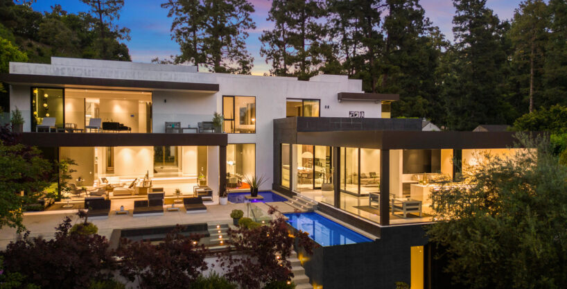 Night exterior at Crest Manor Beverly Hills luxury villa