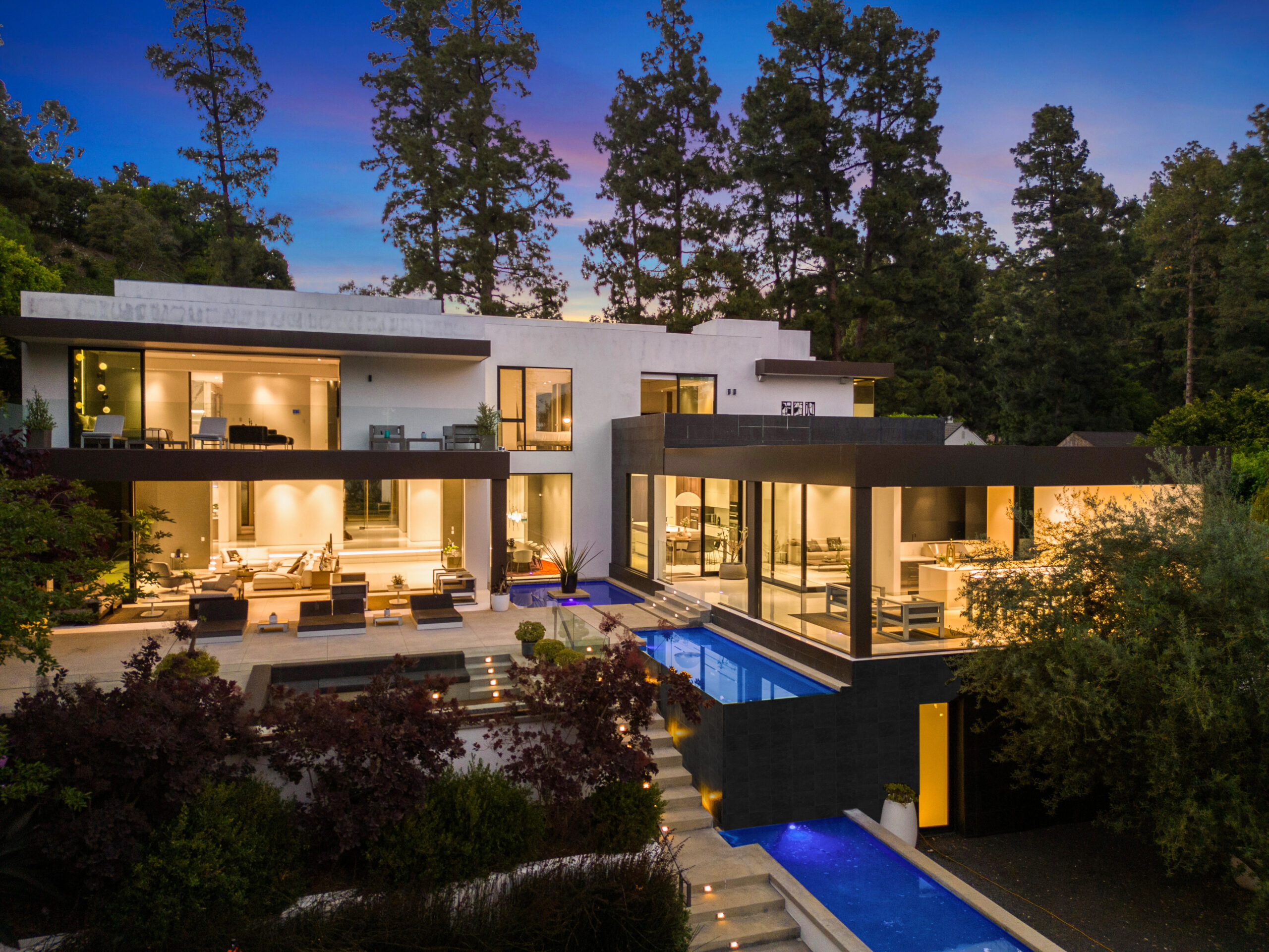 Night exterior at Crest Manor Beverly Hills luxury villa