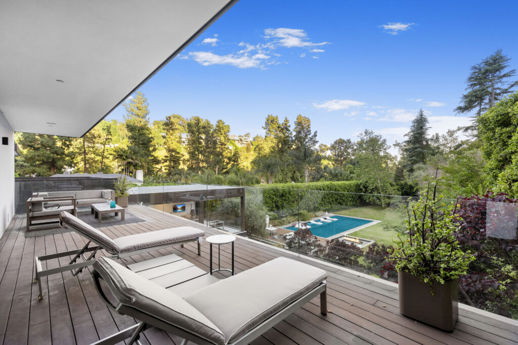 Sparkling pool and hot tub at Crest Manor Beverly Hills luxury villa