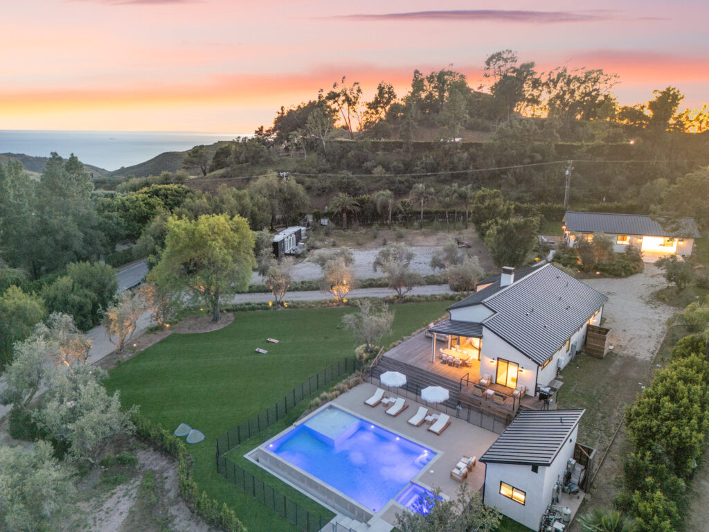 Aerial grounds view of Tide Pavilion Malibu luxury estate