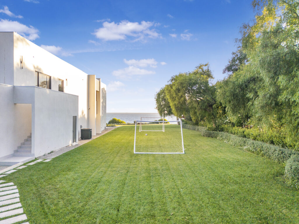 Aerial exterior view of Bluff House Malibu luxury estate