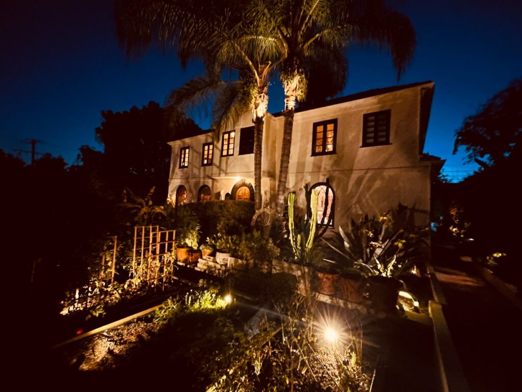 Aerial night exterior view of Hillside Villa, Los Angeles