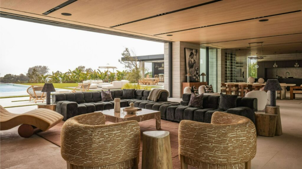 Stylish living room with fireplace at Paradise Hillside Malibu vacation rental