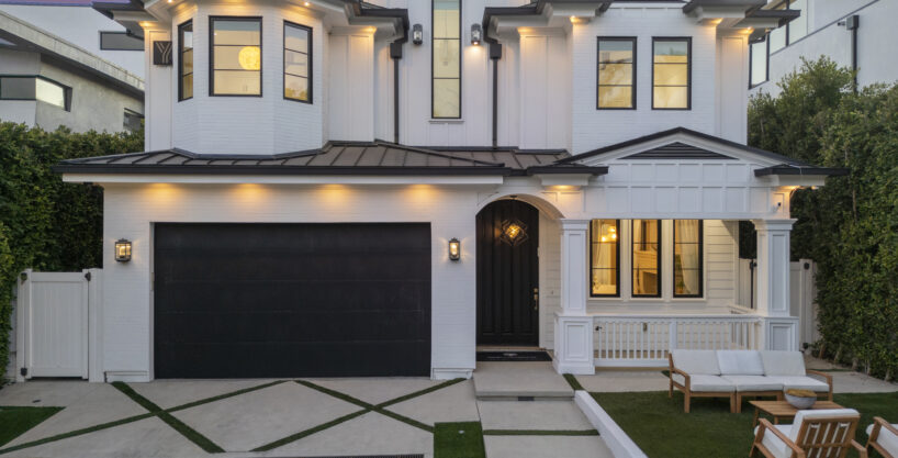 Front facade of the contemporary Los Angeles villa showing the garage entrance.