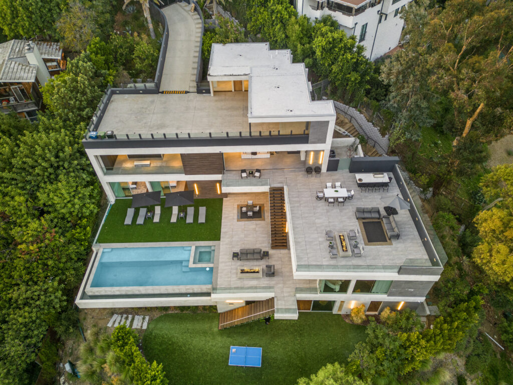 Bird's-eye aerial view of Skyline Reserve luxury estate in Hollywood Hills.