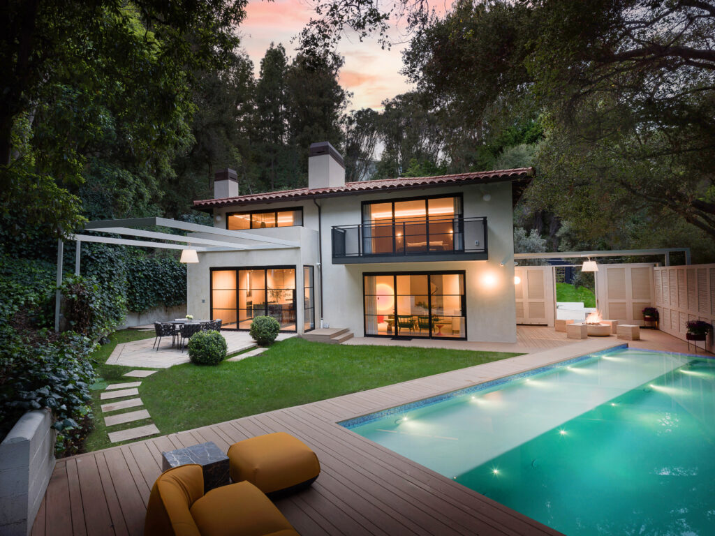 Sullivan Sunset Brentwood villa exterior with pool at sunset