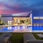 Villa Maya luxury residence contemporary exterior view at dusk