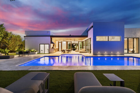Villa Maya luxury residence contemporary exterior view at dusk