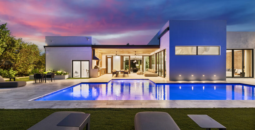 Villa Maya luxury residence contemporary exterior view at dusk