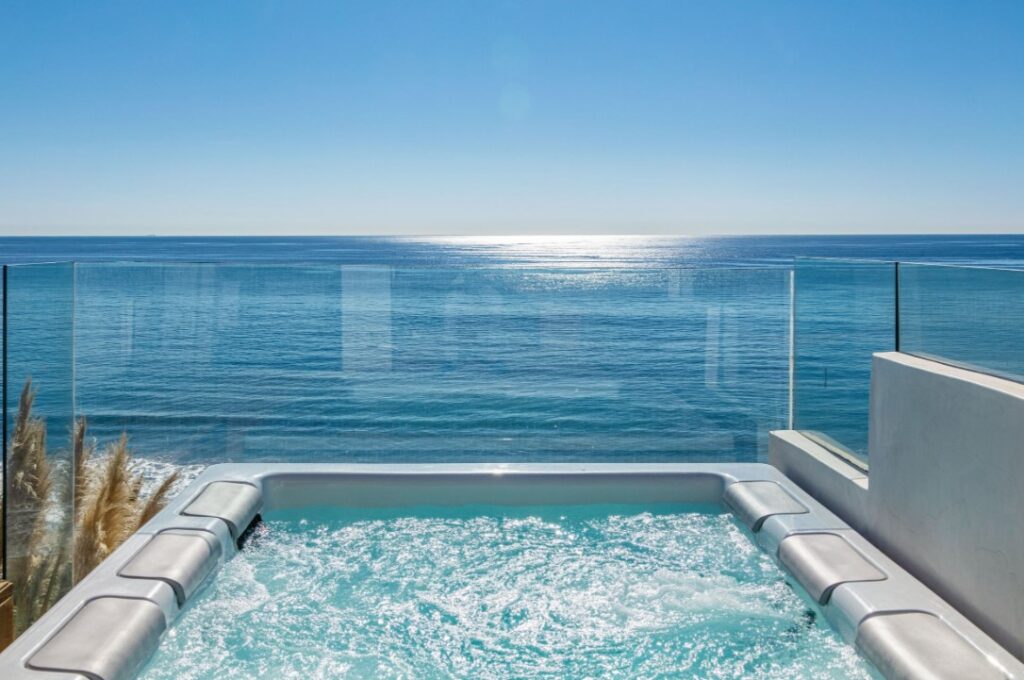 Outdoor jacuzzi spa overlooking the Malibu coastline