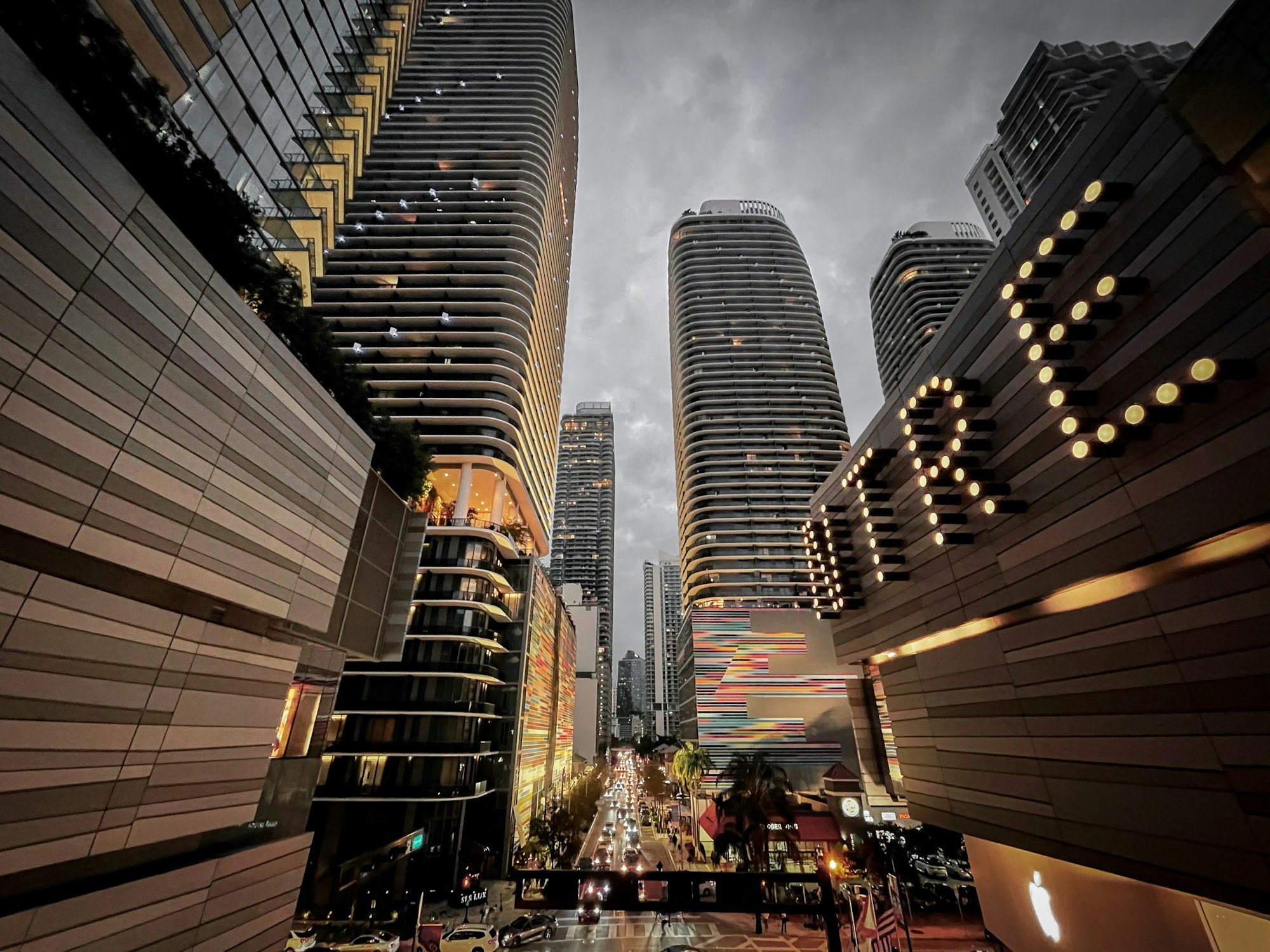 Street level beneath the towers of Brickell City Centre, Miami