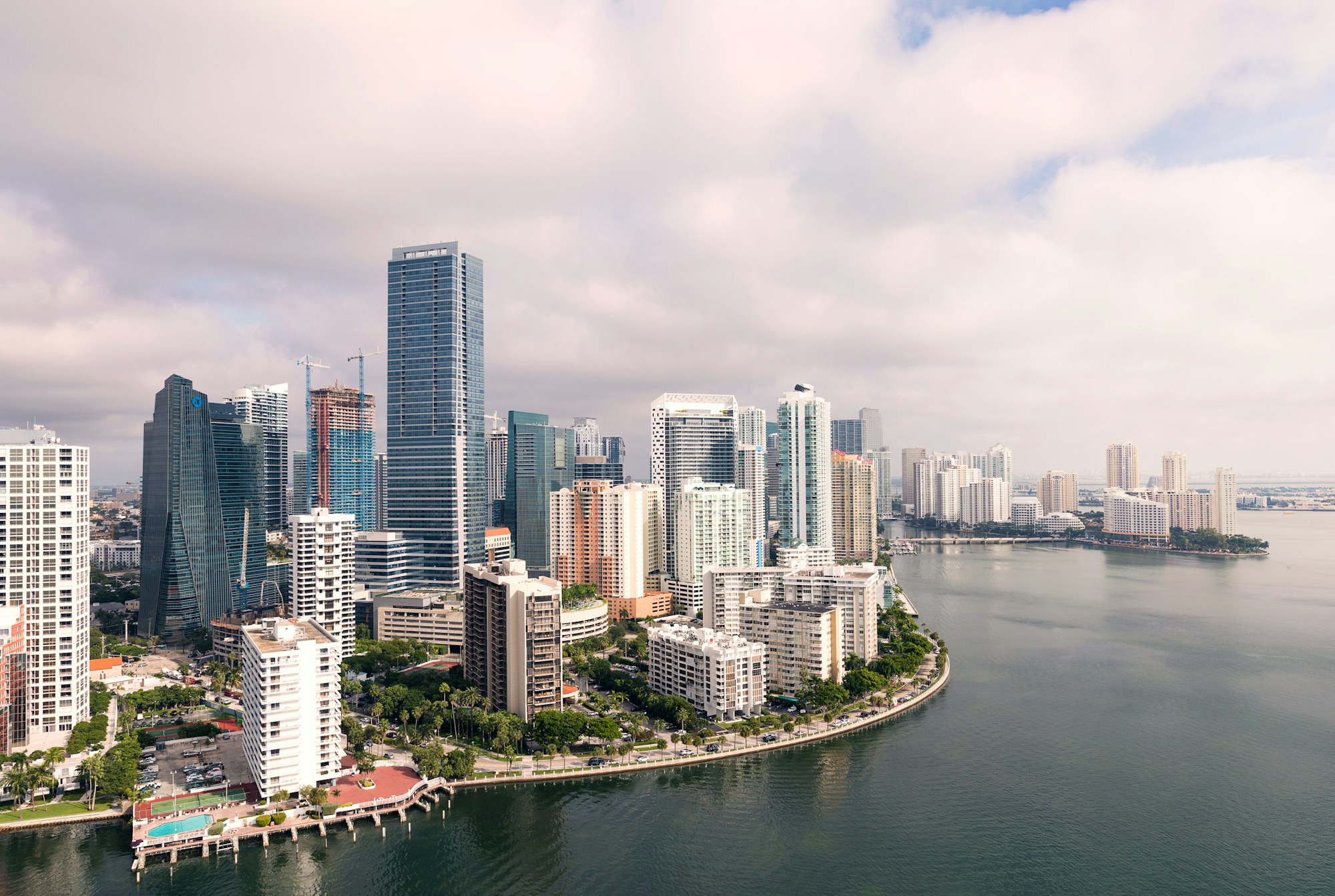 Aerial view of the Brickell high-rise district and Biscayne Bay, Miami