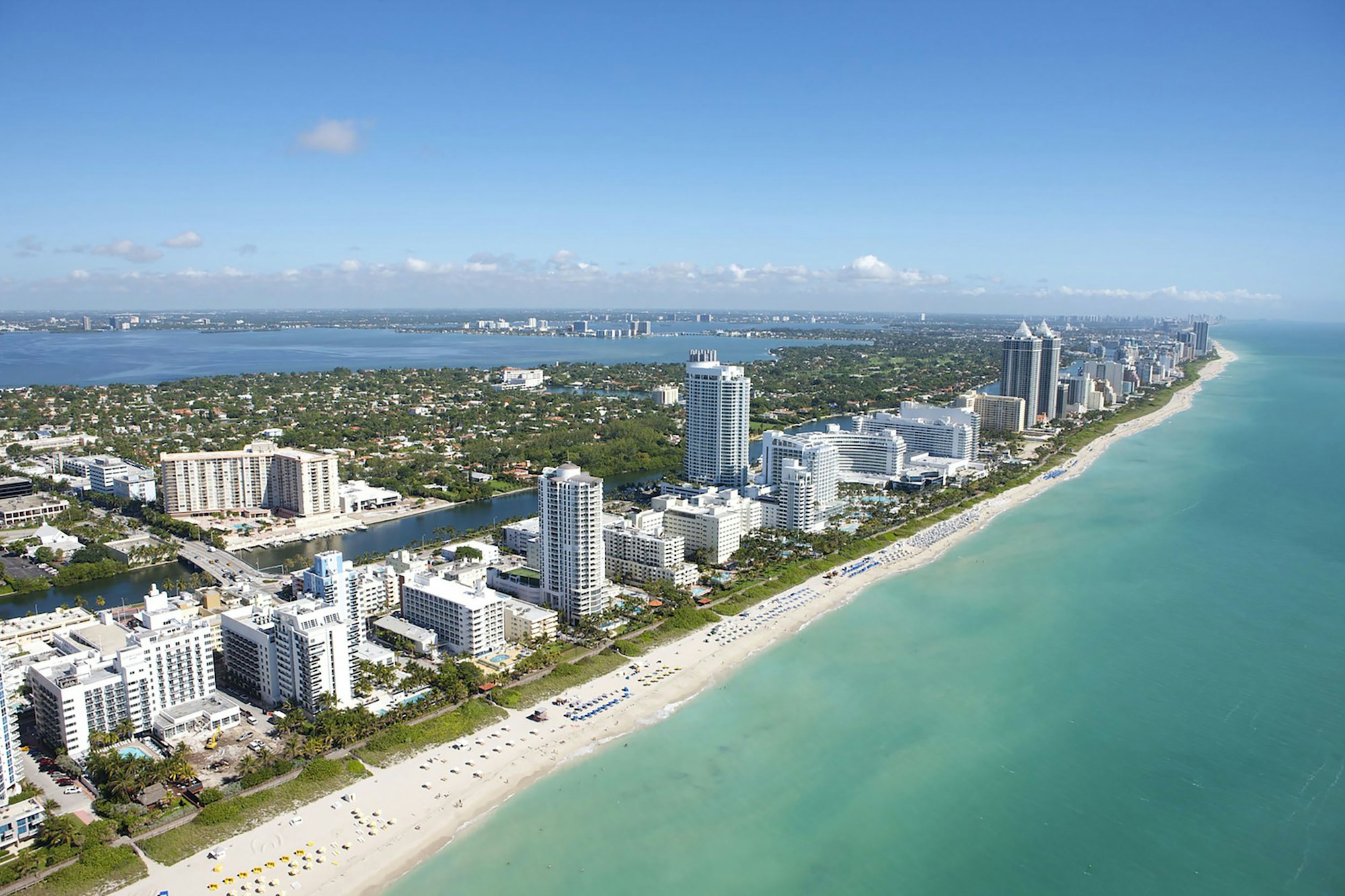 Aerial view across Miami Beach toward Biscayne Bay and the islands