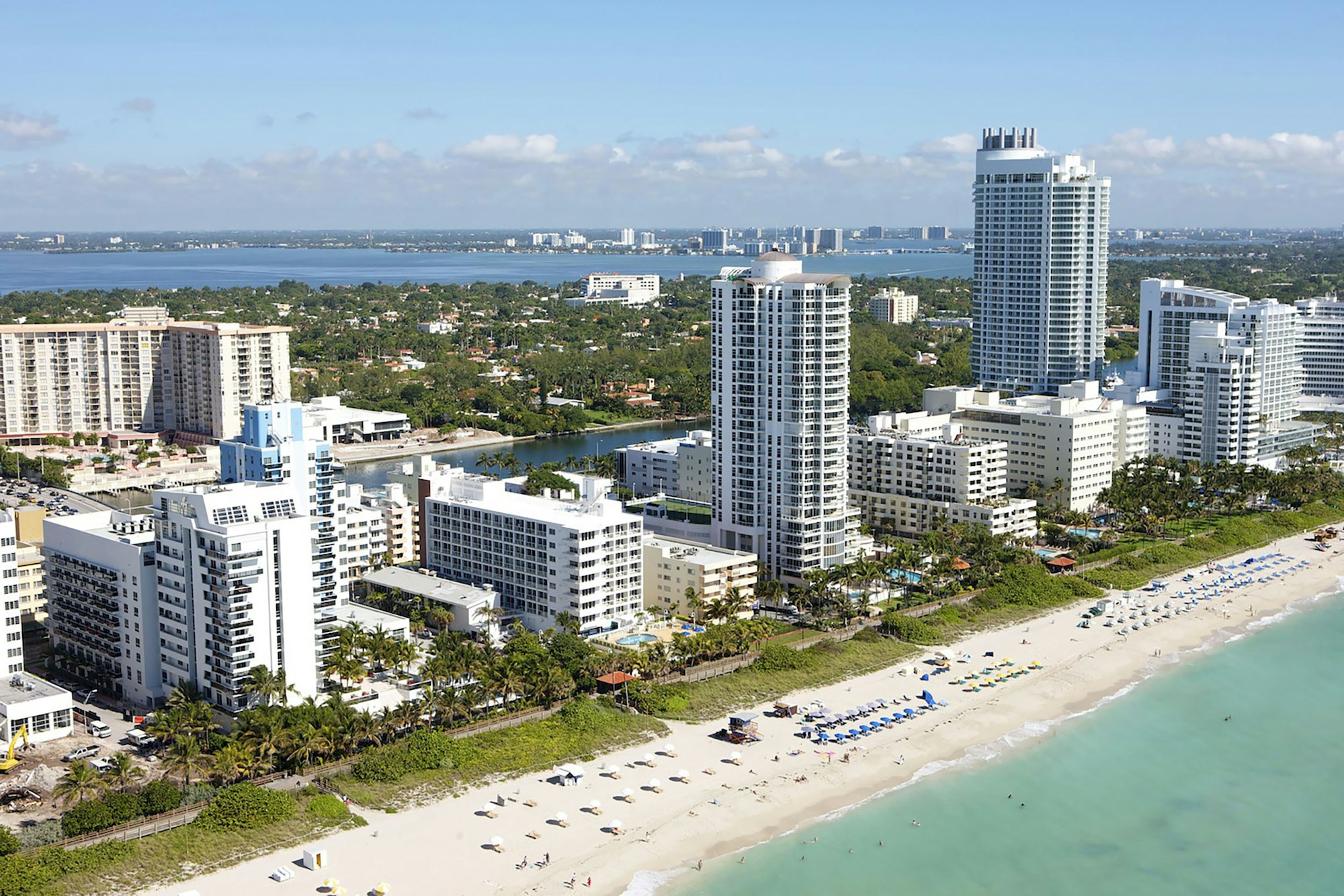 Aerial view of South Beach hotels along the Atlantic shoreline