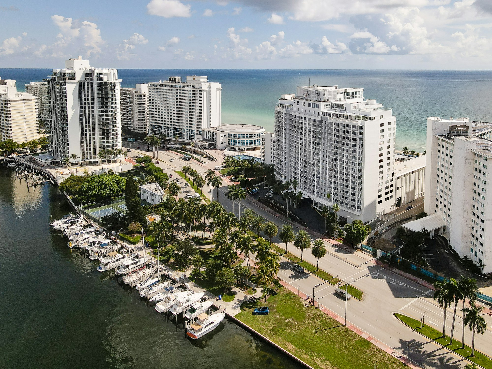 Aerial view of the Mid-Beach hotel row and marina, Miami Beach