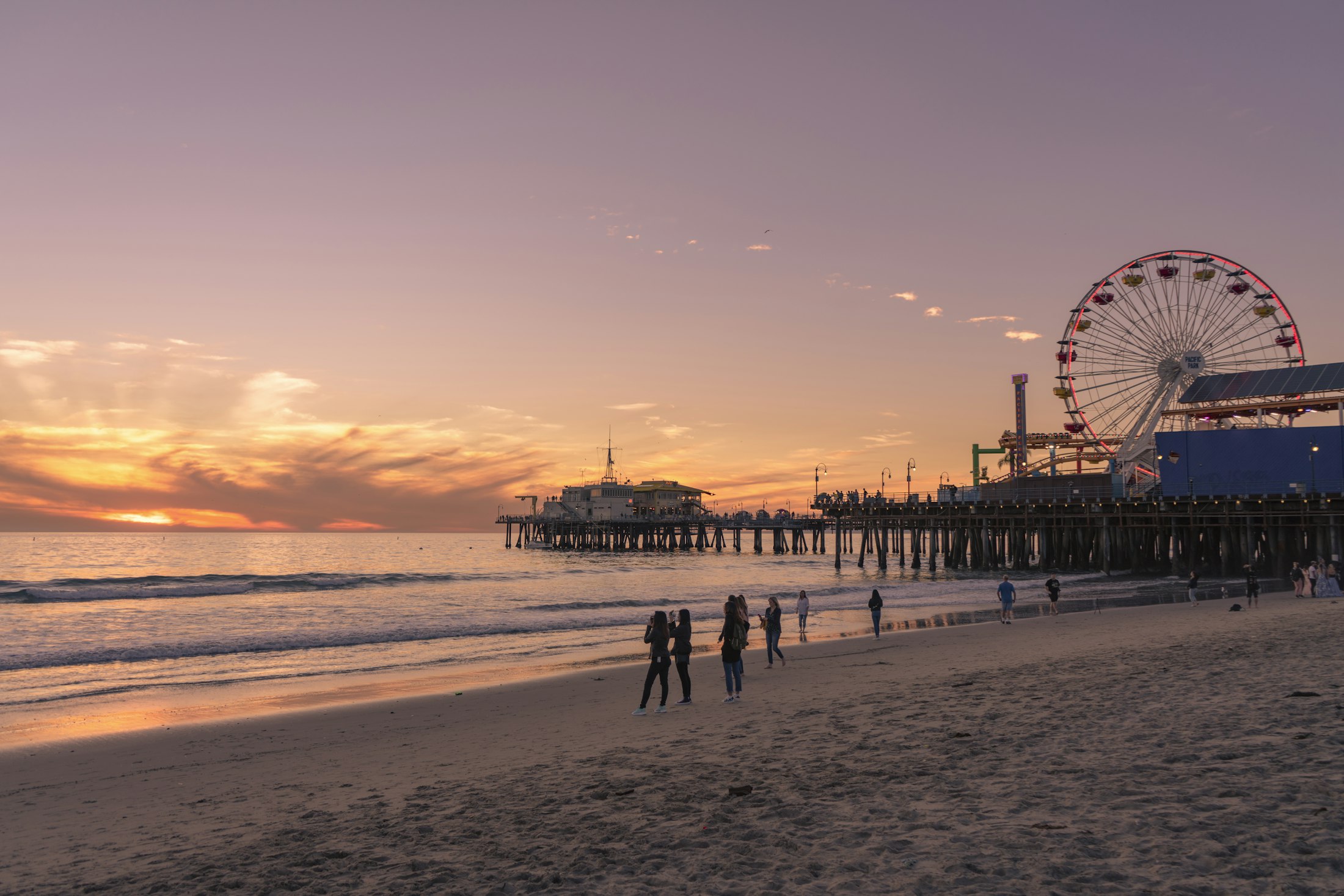 Santa Monica Pier and beach at golden hour
