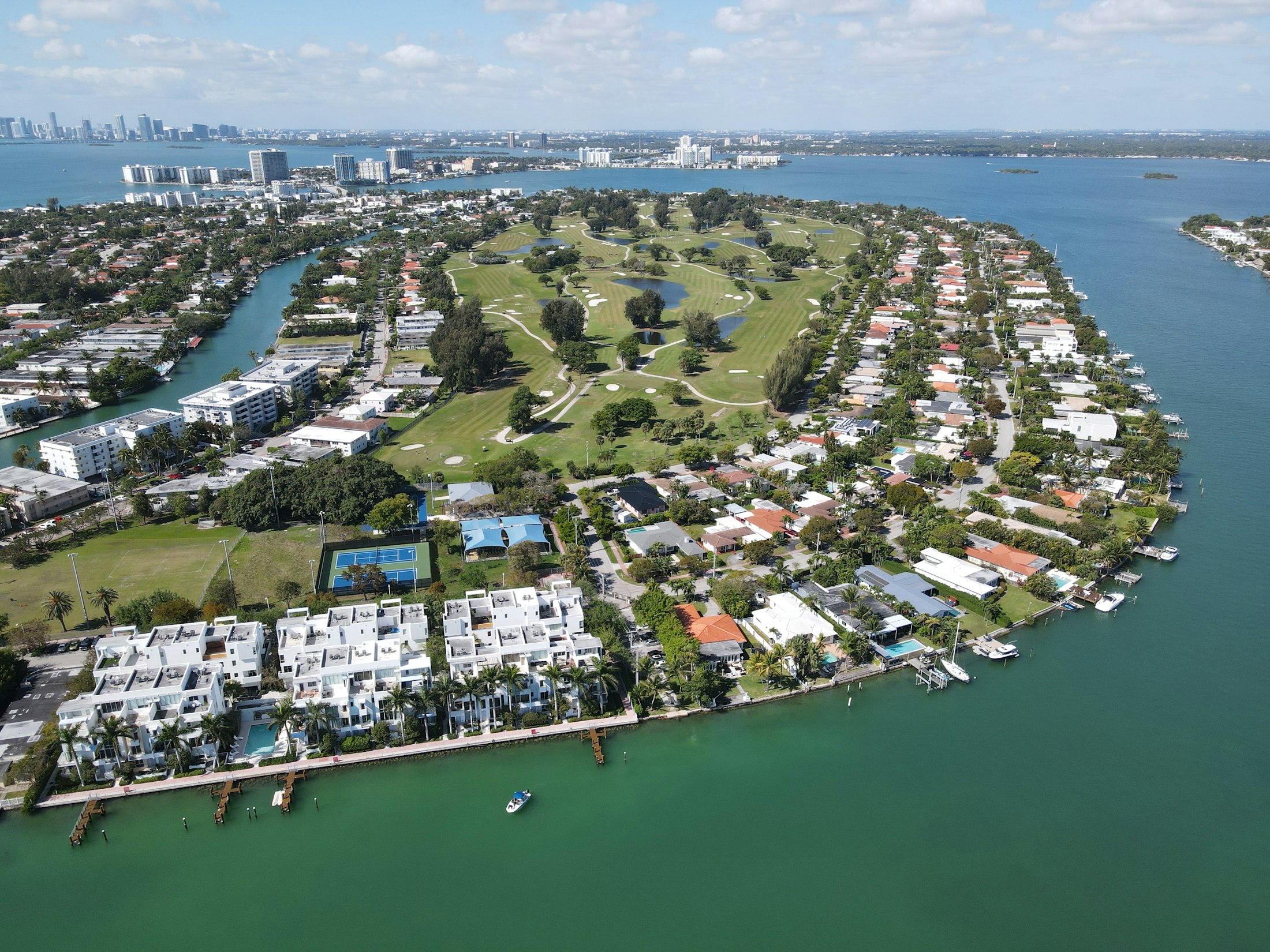 Aerial view of Star Island and the Venetian causeway in Miami Beach