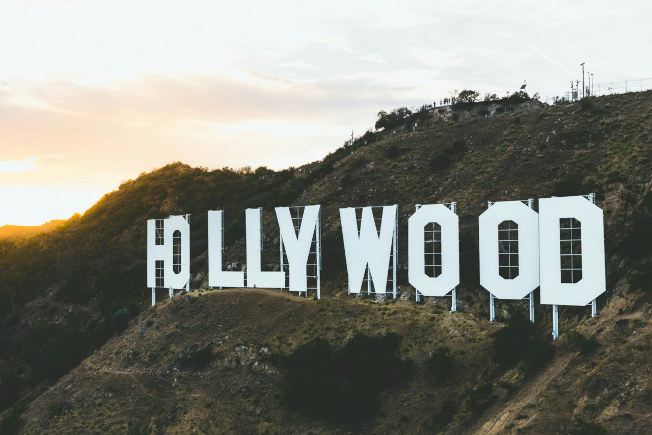 The Hollywood Sign on Mount Lee in golden evening light, Los Angeles